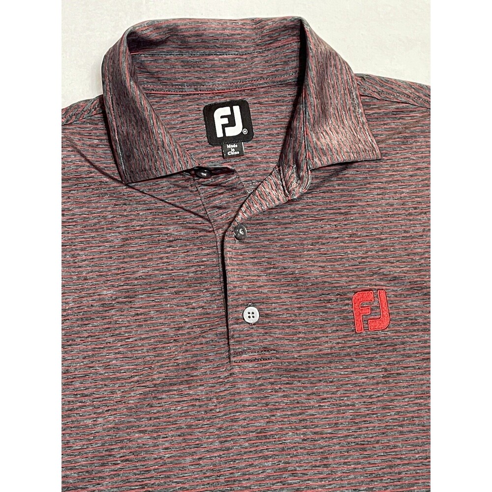 Footjoy Men’s Size Medium Golf Polo Gray w/ Red Stripes Short Sleeve Shirt